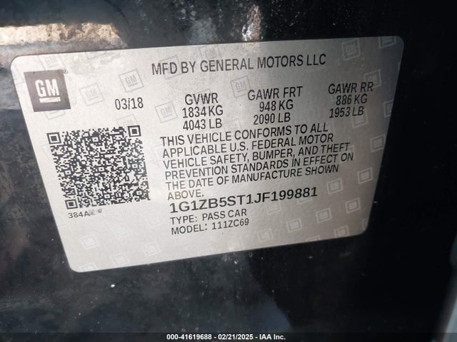 1G1ZB5ST1JF199881 Chevrolet Malibu 1ls