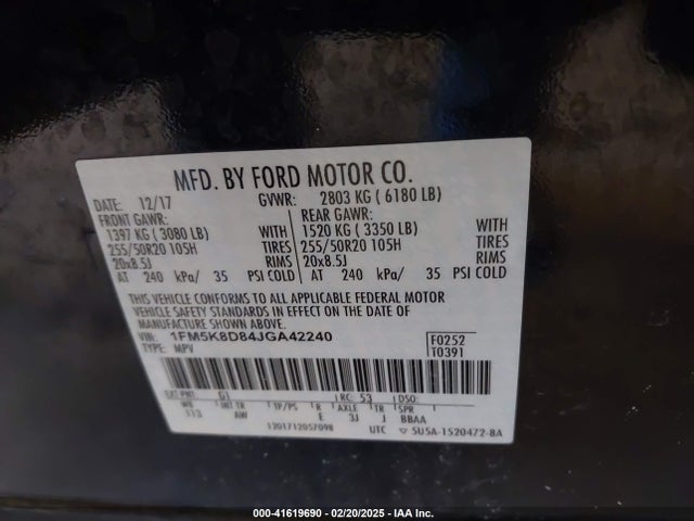 1FM5K8D84JGA42240 Ford EXPLORER XLT
