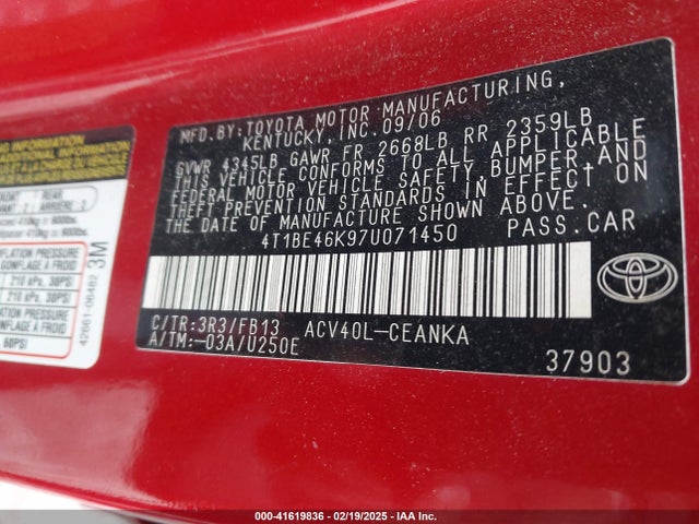 2007 Toyota Camry Le მანქანა იყიდება აუქციონზე, vin: 4T1BE46K97U071450, აუქციონის ნომერი: 41619836