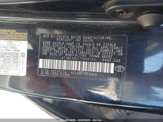 2007 Toyota Camry Se მანქანა იყიდება აუქციონზე, vin: 4T1BE46K77U058101, აუქციონის ნომერი: 41619855