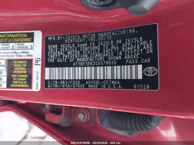 2012 TOYOTA CAMRY 4T1BF1FK2CU578020 Photo 8