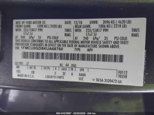 1FMCU0GD8KUA68760 Ford ESCAPE SE