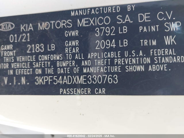 3KPF54ADXME330763 KIA FORTE EX