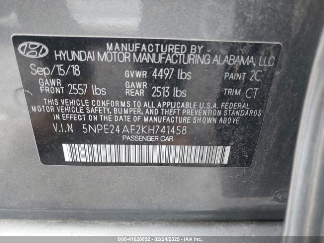 5NPE24AF2KH741458 Hyundai SONATA SE
