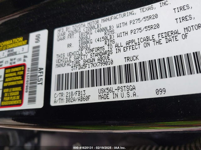 5TFDW5F17KX799010 Toyota Tundra Sr5 5.7l V8