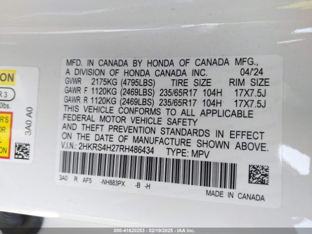 2HKRS4H27RH486434 Honda Cr-v Lx Awd