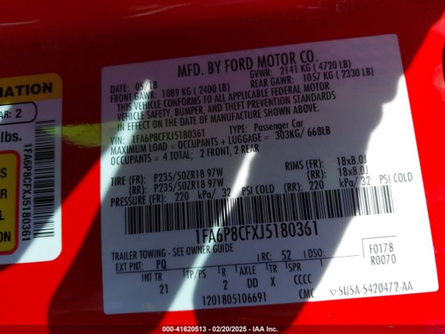1FA6P8CFXJ5180361 Ford MUSTANG GT