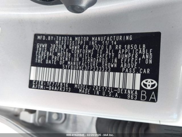 5YFBURHE3FP233323 Toyota Corolla Le/le Plus/le Premium