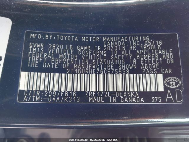 2T1BURHE7GC675958 Toyota COROLLA LE