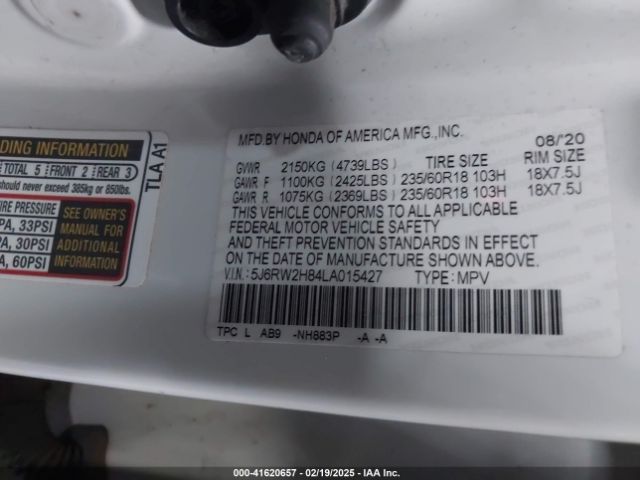 5J6RW2H84LA015427 Honda Cr-v Awd Ex-l