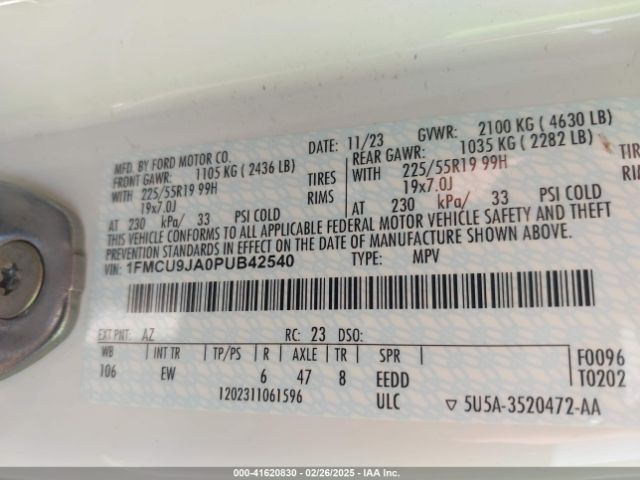 1FMCU9JA0PUB42540 Ford Escape Platinum