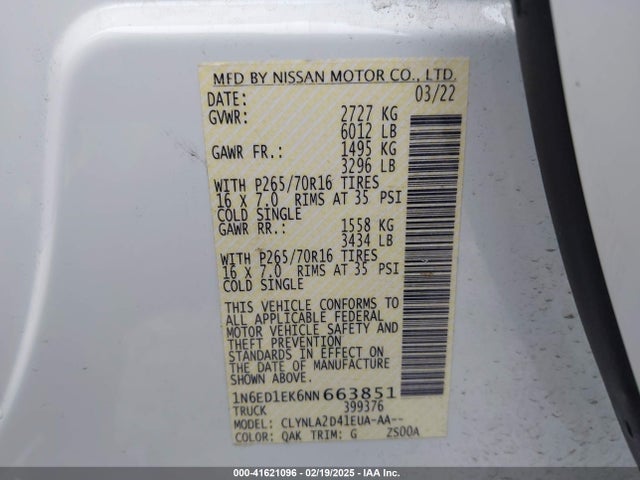1N6ED1EK6NN663851 Nissan Frontier S 4x4