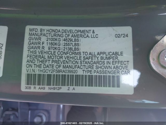 1HGCY2F58RA039920 Honda Accord Hybrid Sport