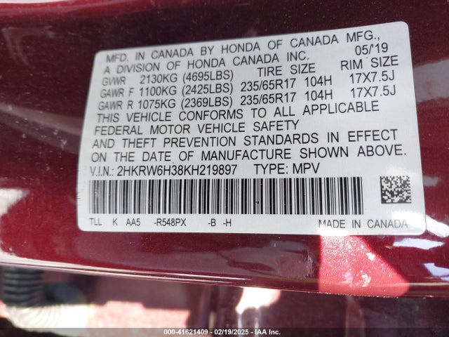 2HKRW6H38KH219897 Honda k24w9/k24v9