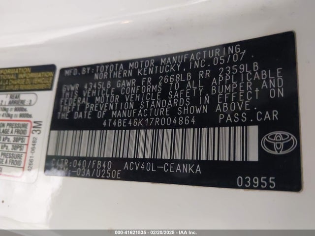 41621535 :رقم المزاد ، 4T4BE46K17R004864 vin ، 2007 Toyota Camry Le مزاد بيع