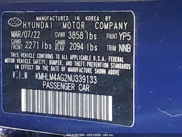 KMHLM4AG2NU339133 Hyundai ELANTRA SEL