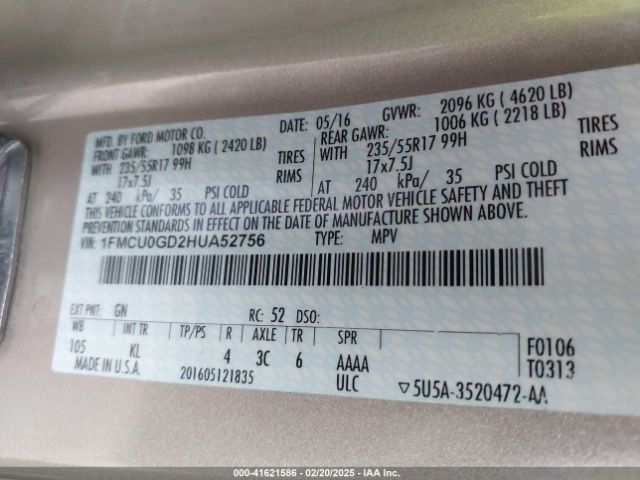 1FMCU0GD2HUA52756 Ford ESCAPE SE