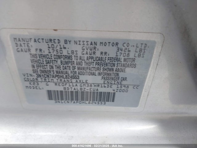 3N1CN7AP0HL824553 Nissan Versa 1.6 Sv