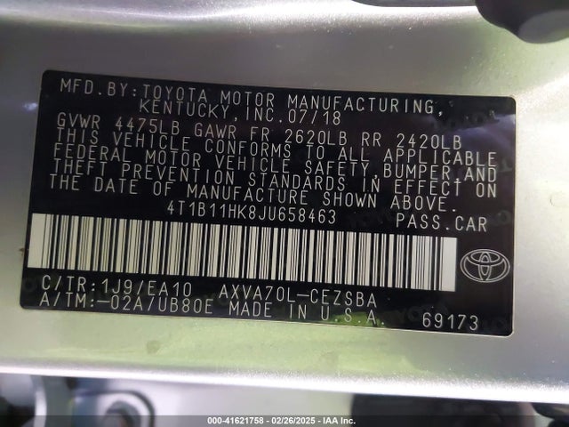 4T1B11HK8JU658463 Toyota CAMRY SE