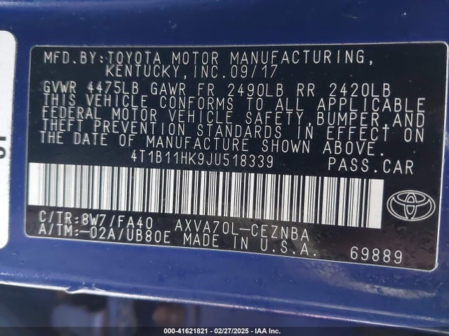 4T1B11HK9JU518339 Toyota CAMRY LE
