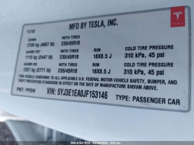 5YJ3E1EA0JF153146 Tesla Model 3 Long Range/mid Range