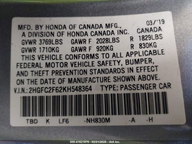 2019 HONDA CIVIC 2HGFC2F62KH548364 Photo 8