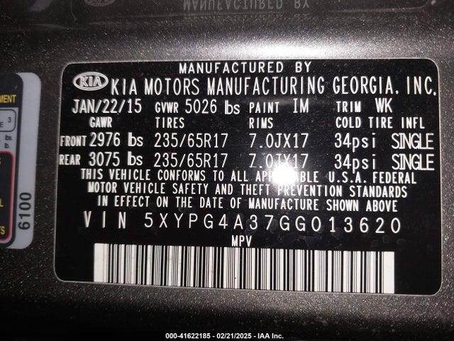 5XYPG4A37GG013620 KIA Sorento 2.4l Lx