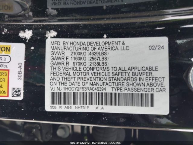 1HGCY2F63RA046394 Honda Accord Hybrid Ex-l