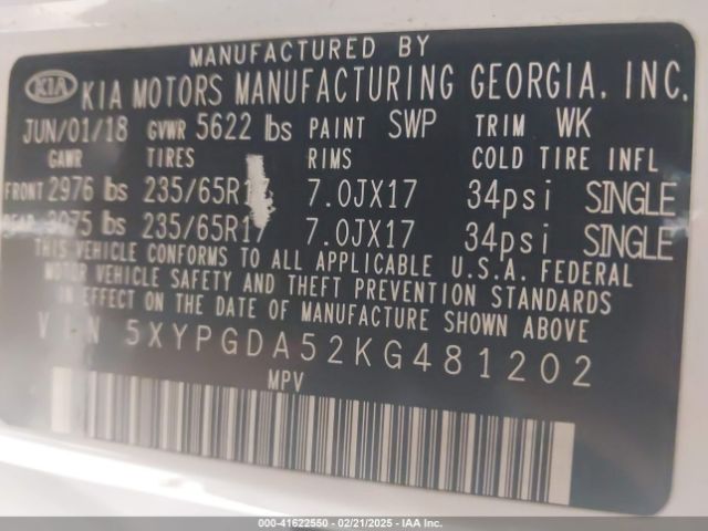 5XYPGDA52KG481202 KIA Sorento 3.3l Lx