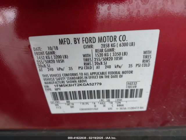 1FM5K8HT2KGA52779 Ford Explorer Platinum