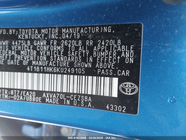 4T1B11HK6KU249105 Toyota CAMRY SE