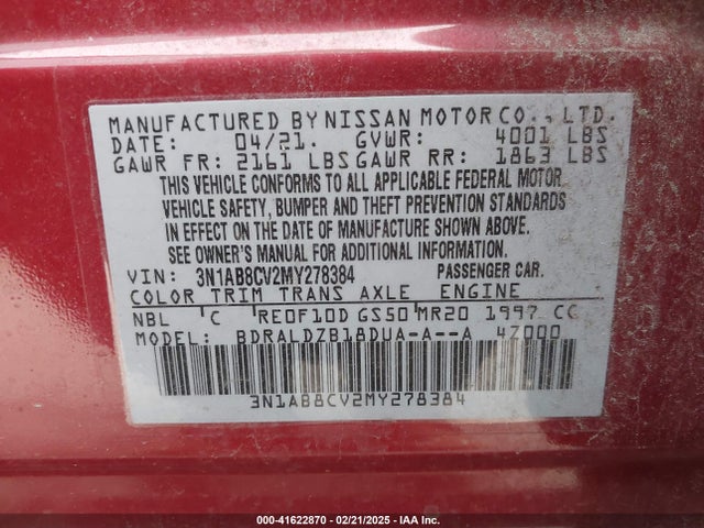 3N1AB8CV2MY278384 Nissan Sentra Sv Xtronic Cvt