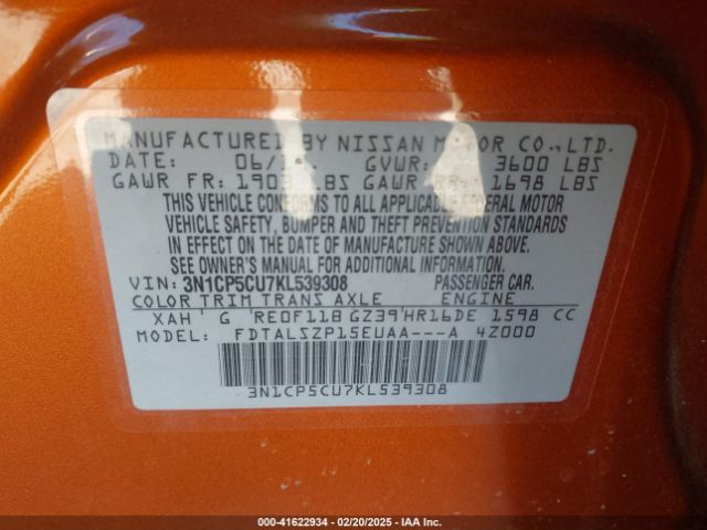 3N1CP5CU7KL539308 Nissan KICKS SV