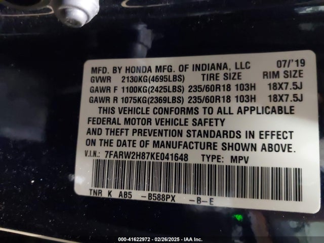 7FARW2H87KE041648 Honda Cr-v Ex-l