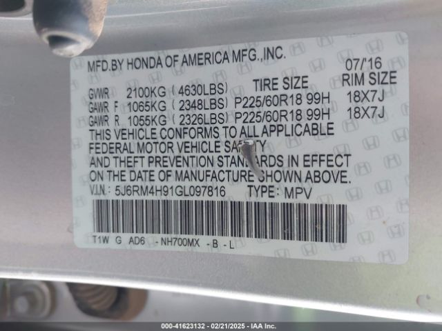 5J6RM4H91GL097816 Honda Cr-v Touring