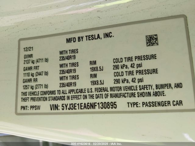 5YJ3E1EA6NF130895 Tesla Model 3 Rear-wheel Drive