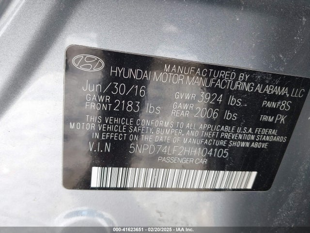5NPD74LF2HH104105 Hyundai ELANTRA SE