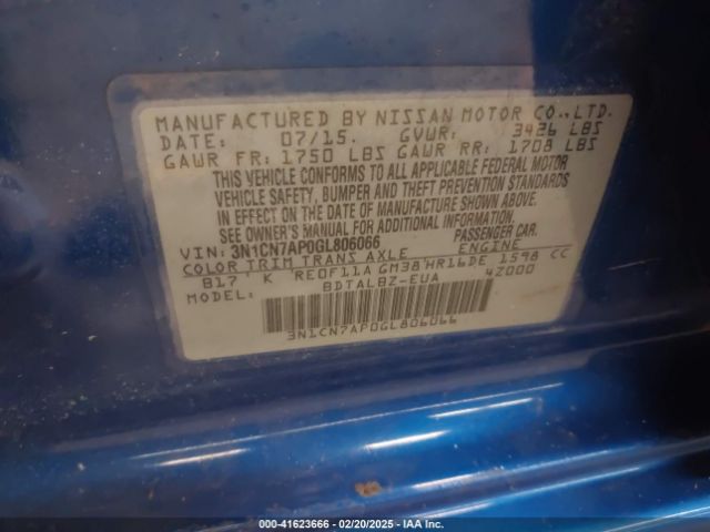 3N1CN7AP0GL806066 Nissan Versa 1.6 S/1.6 S+/1.6 Sl/1.6 Sv