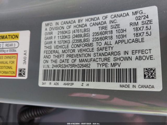 2HKRS3H75RH326462 Honda Cr-v Ex-l 2wd
