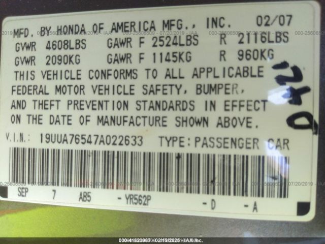 2007 ACURA TL 19UUA76547A022633 Photo 8