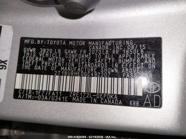 2T1BURHE0GC492207 Toyota COROLLA L