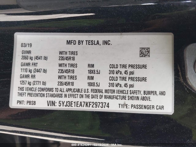 2019 TESLA MODEL 3 5YJ3E1EA7KF297374 Photo 8