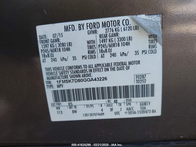 1FM5K7D80GGA43226 Ford EXPLORER XLT