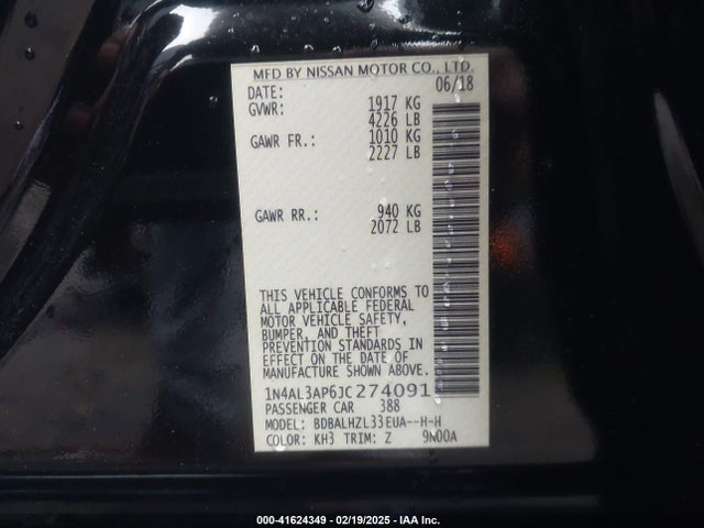 1N4AL3AP6JC274091 Nissan Altima 2.5 Sr