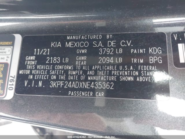 3KPF24ADXNE435362 KIA Forte Lxs