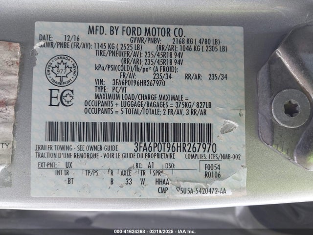 Ford FUSION SE 2017 3FA6P0T96HR267970 Image 9