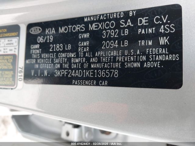 3KPF24AD1KE136578 KIA Forte Lxs