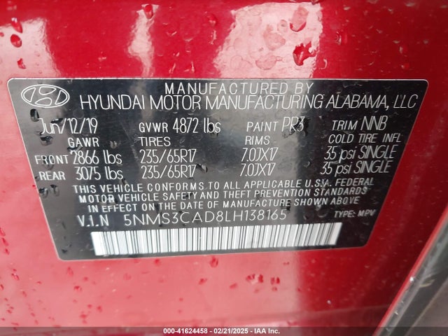5NMS3CAD8LH138165 Hyundai Santa Fe Sel