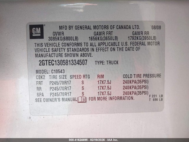 41624495 :رقم المزاد ، 2GTEC130581334507 vin ، 2008 Gmc Sierra 1500 Sle1 مزاد بيع
