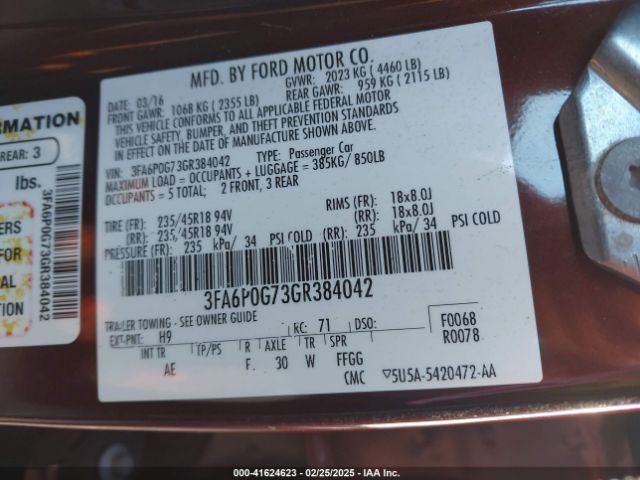 3FA6P0G73GR384042 Ford FUSION S